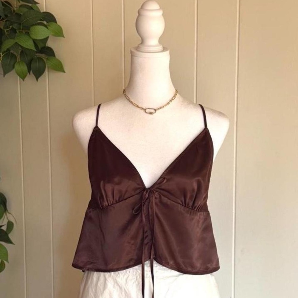 Divided Silky Brown Tie-Front Crop Top Women's Size Large